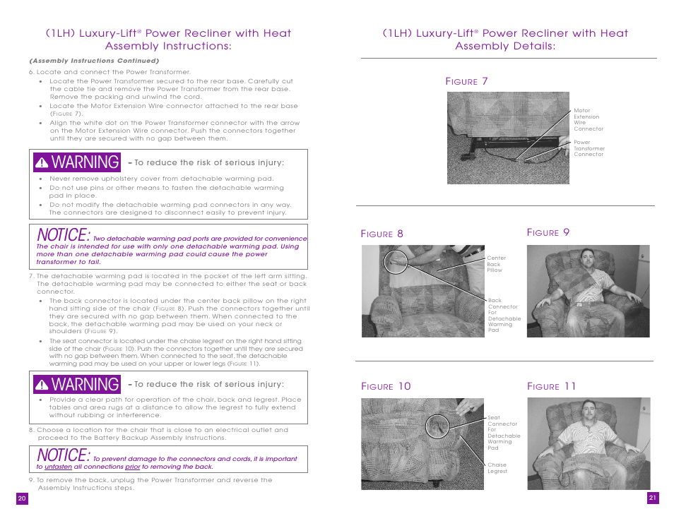 Notice, Warning, 1lh) luxur y-lift | Power recliner with heat assembly details: f, 10 f | La-Z-Boy Luxury-Lift Power Recliner User Manual | Page 11 / 40