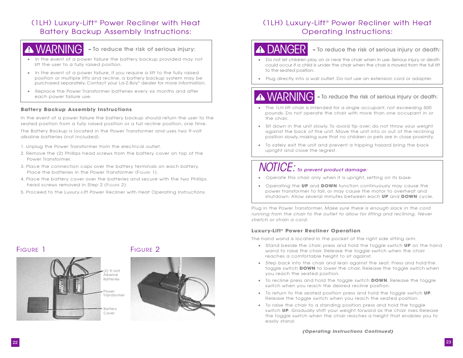 Notice, Warning, Warning danger | 1lh) luxur y-lift, Power recliner with heat operating instr uctions | La-Z-Boy Luxury-Lift Power Recliner User Manual | Page 12 / 40