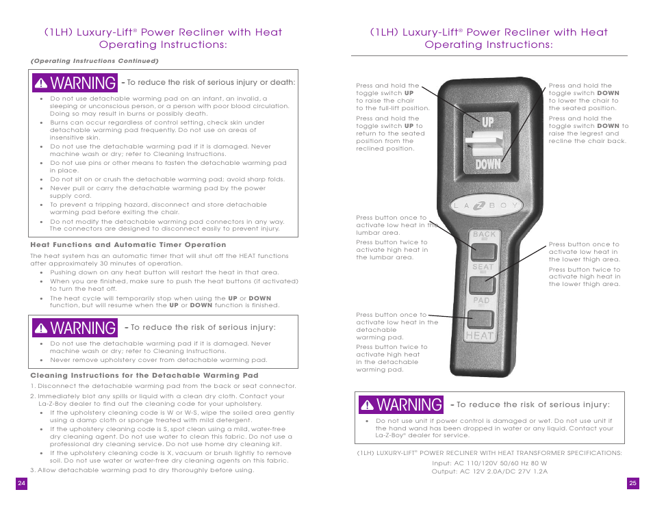 Warning, 1lh) luxur y-lift, Power recliner with heat operating instr uctions | La-Z-Boy Luxury-Lift Power Recliner User Manual | Page 13 / 40