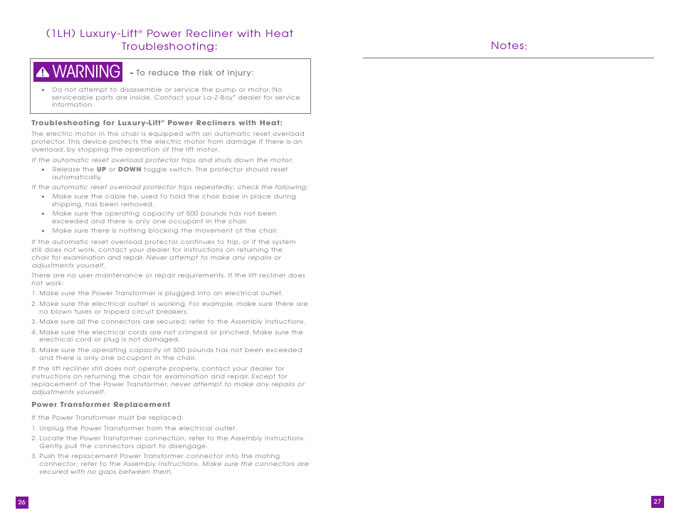 Warning, 1lh) luxur y-lift | La-Z-Boy Luxury-Lift Power Recliner User Manual | Page 14 / 40