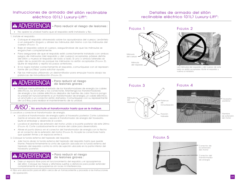 Aviso, Advertencia | La-Z-Boy Luxury-Lift Power Recliner User Manual | Page 17 / 40