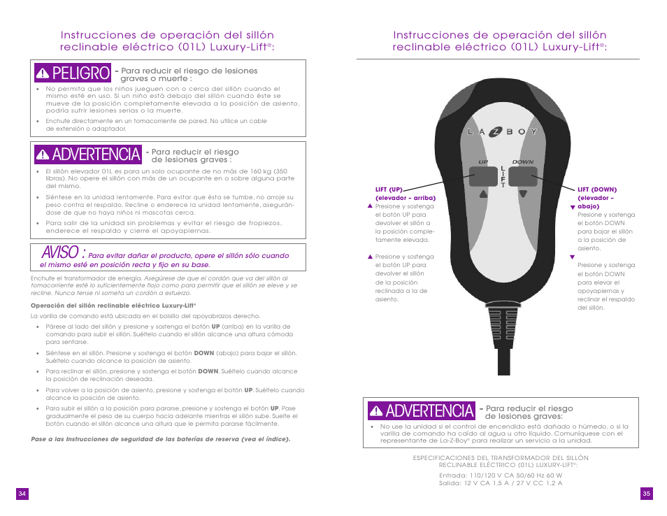 Aviso, Peligro advertencia advertencia | La-Z-Boy Luxury-Lift Power Recliner User Manual | Page 18 / 40