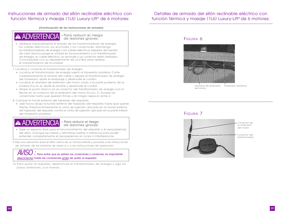 Aviso, Advertencia, De 6 motores | La-Z-Boy Luxury-Lift Power Recliner User Manual | Page 20 / 40