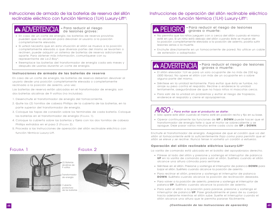 Aviso, Advertencia peligro advertencia | La-Z-Boy Luxury-Lift Power Recliner User Manual | Page 25 / 40