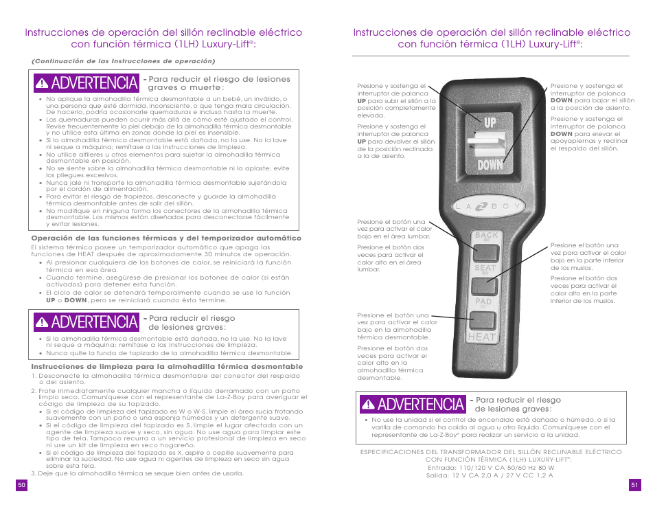 Advertencia | La-Z-Boy Luxury-Lift Power Recliner User Manual | Page 26 / 40