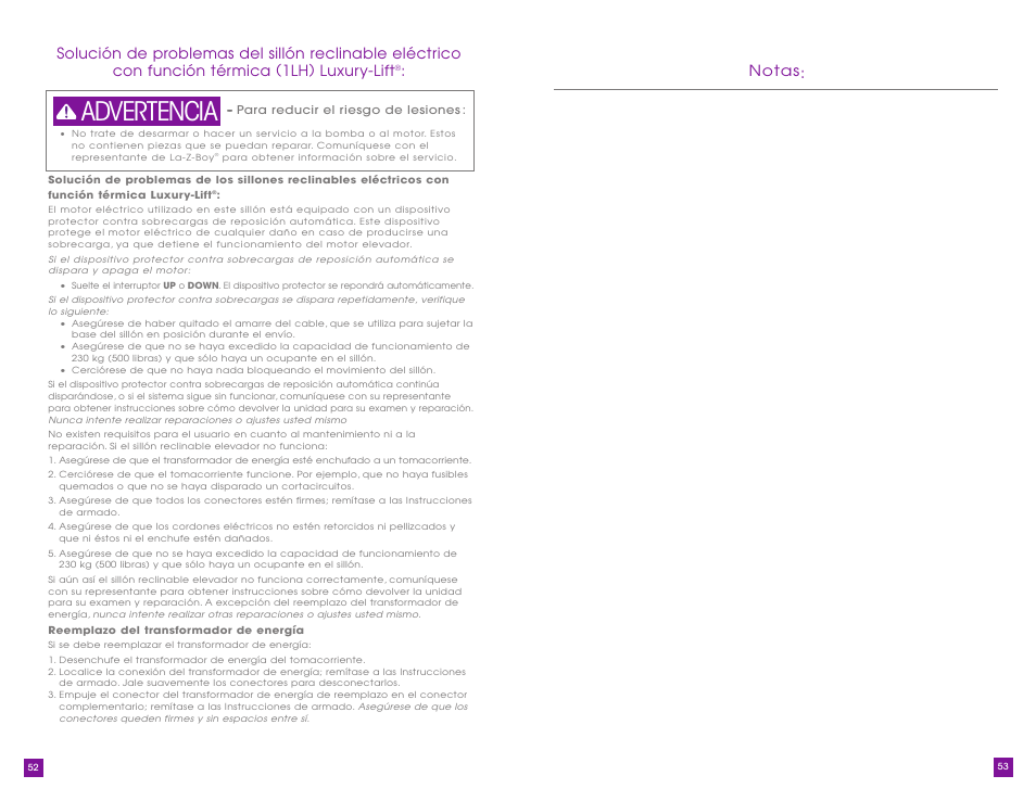 Advertencia, Notas | La-Z-Boy Luxury-Lift Power Recliner User Manual | Page 27 / 40