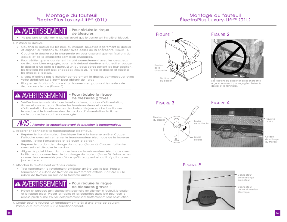 Avis, Avertissement, Montage du fauteuil électroplus luxur y-lift | 01l) f, 01l) | La-Z-Boy Luxury-Lift Power Recliner User Manual | Page 30 / 40