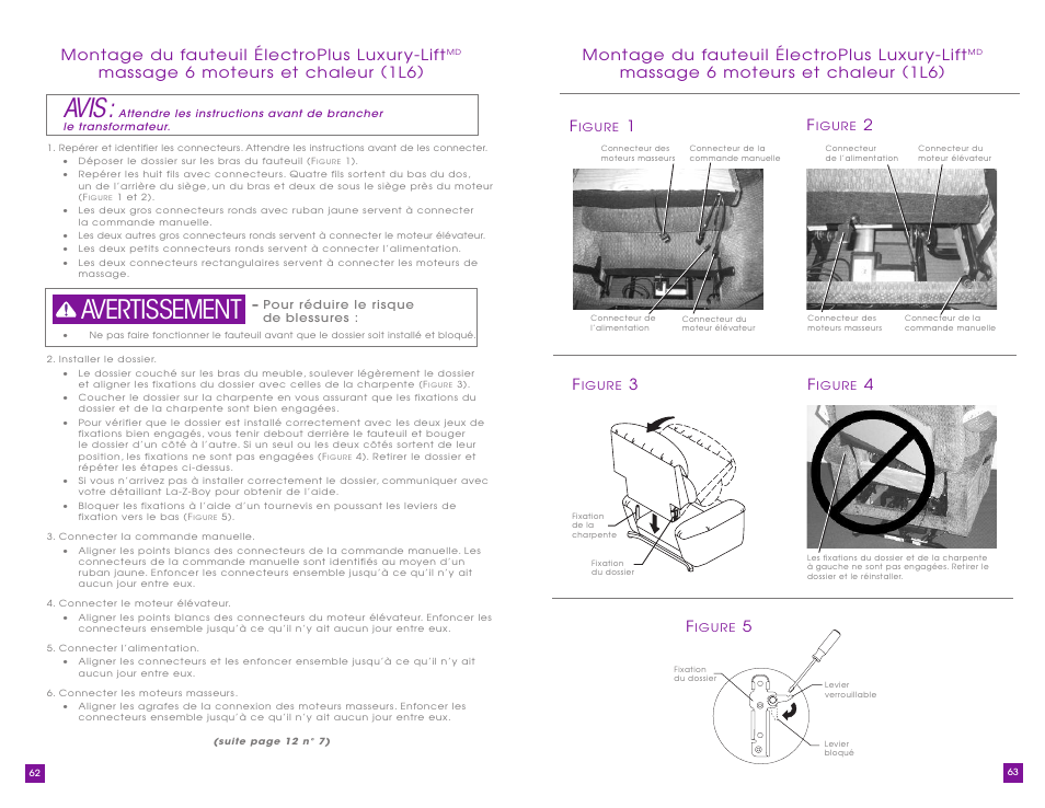 Avis, Avertissement, Montage du fauteuil électroplus luxur y-lift | Massage 6 moteur s et chaleur (1l6) f, Massage 6 moteur s et chaleur (1l6) | La-Z-Boy Luxury-Lift Power Recliner User Manual | Page 32 / 40