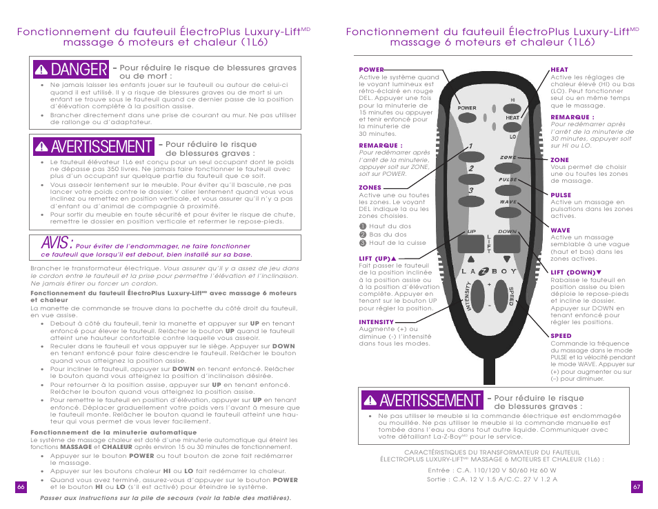 Avis, Danger avertissement avertissement, Massage 6 moteur s et chaleur (1l6) | La-Z-Boy Luxury-Lift Power Recliner User Manual | Page 34 / 40