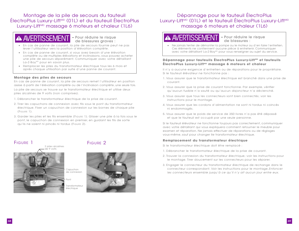 Avertissement, 01l) et le fauteuil électroplus luxury-lift, Massage 6 moteurs et chaleur (1l6) | 01l) et du fauteuil électroplus luxur y-lift | La-Z-Boy Luxury-Lift Power Recliner User Manual | Page 35 / 40