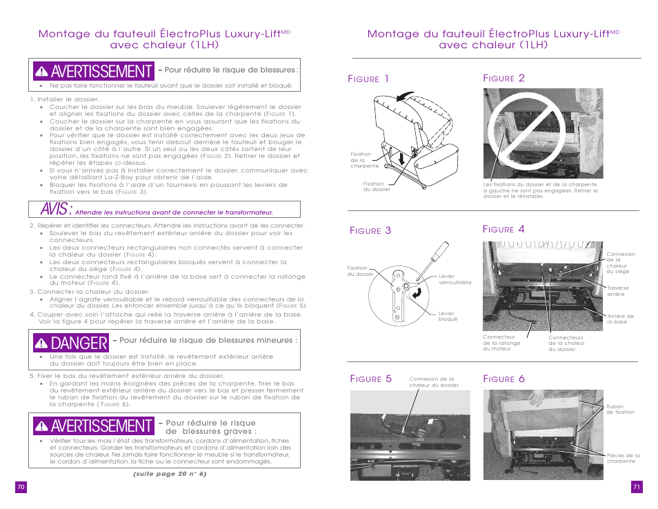 Avis, Avertissement danger avertissement, Montage du fauteuil électroplus luxur y-lift | Avec chaleur (1lh) f | La-Z-Boy Luxury-Lift Power Recliner User Manual | Page 36 / 40