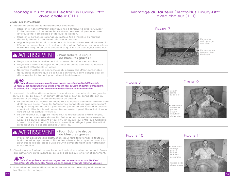 Avis, Avertissement, Montage du fauteuil électroplus luxur y-lift | Avec chaleur (1lh) f, 10 f | La-Z-Boy Luxury-Lift Power Recliner User Manual | Page 37 / 40