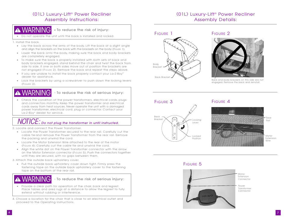 Notice, Warning, 01l) luxur y-lift | Power recliner assembly details: f, Power recliner assembly instr uctions | La-Z-Boy Luxury-Lift Power Recliner User Manual | Page 4 / 40