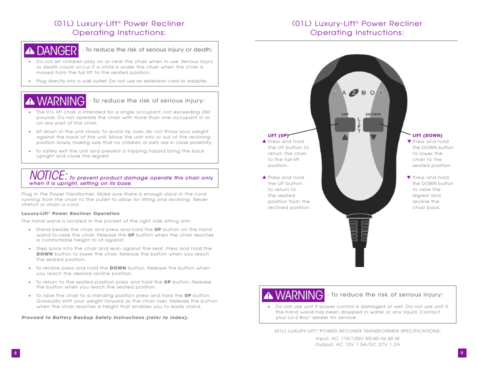 Notice, Warning danger warning, 01l) luxur y-lift | Power recliner operating instr uctions | La-Z-Boy Luxury-Lift Power Recliner User Manual | Page 5 / 40