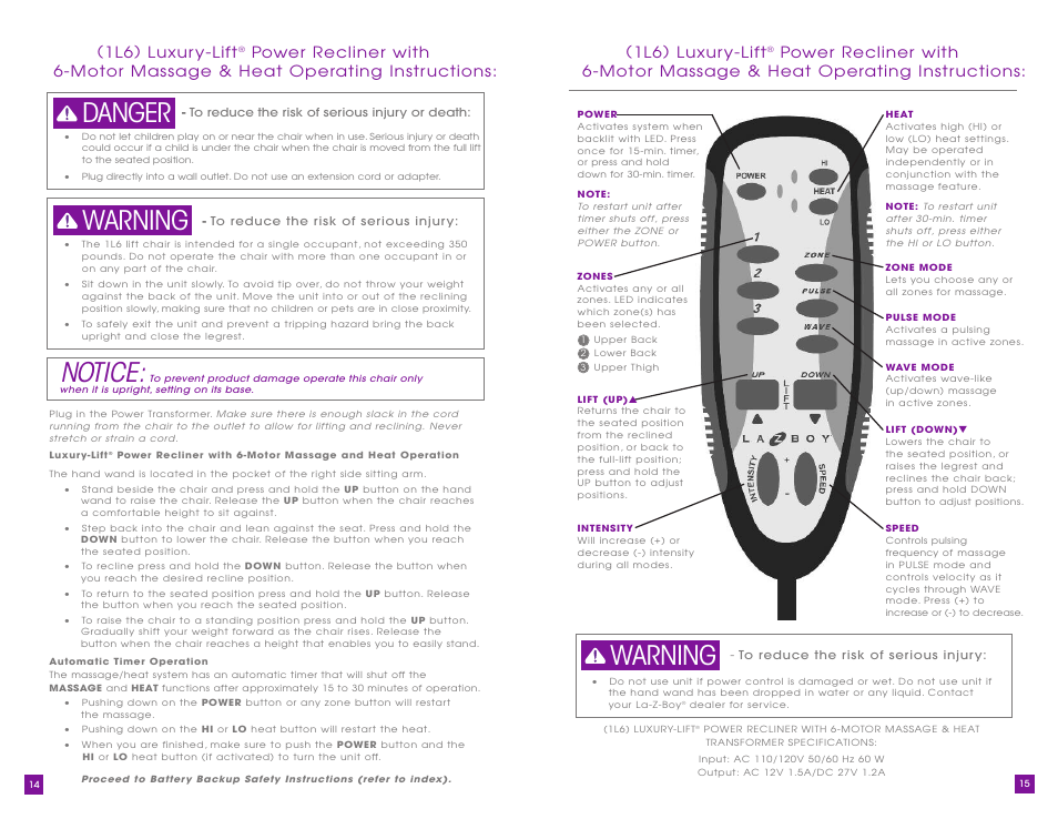 Notice, Warning danger warning, 1l6) luxur y-lift | La-Z-Boy Luxury-Lift Power Recliner User Manual | Page 8 / 40