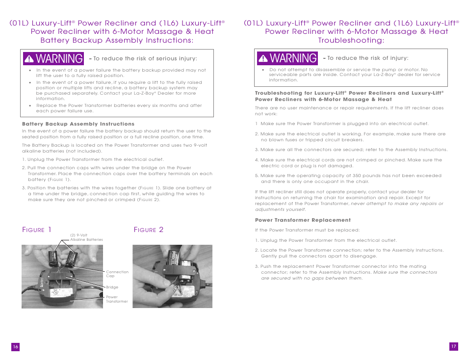 Warning, 01l) luxur y-lift, Power recliner and (1l6) luxur y-lift | La-Z-Boy Luxury-Lift Power Recliner User Manual | Page 9 / 40