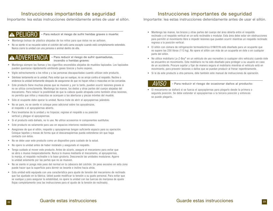 Peligro advertencia, Aviso, Instrucciones importantes de seguridad | Guarde estas instrucciones | La-Z-Boy Reclining Sofa prior to 12/31/2012 User Manual | Page 12 / 28