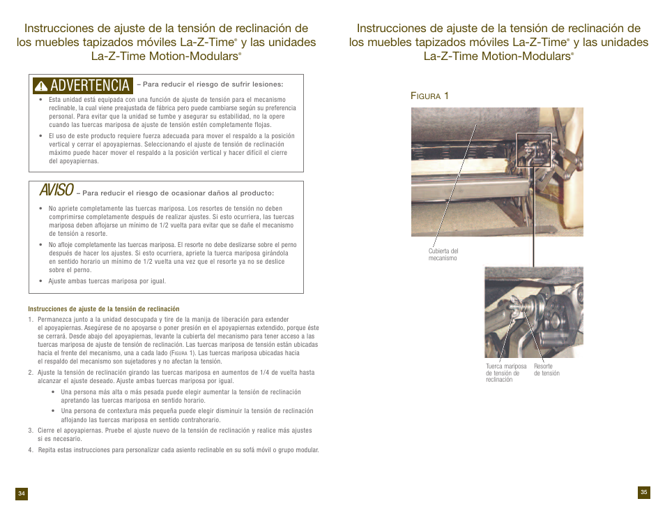 Aviso, Advertencia, Y las unidades la-z-time motion-modulars | La-Z-Boy Reclining Sofa prior to 12/31/2012 User Manual | Page 18 / 28