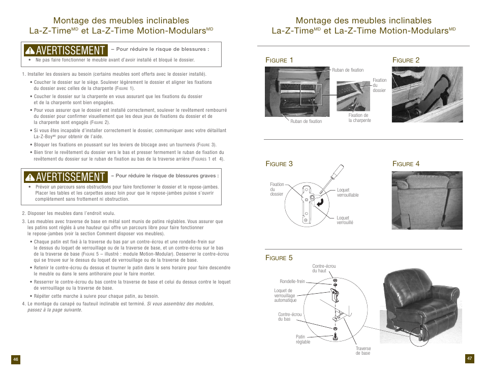 Avertissement, Montage des meubles inclinables la-z-time, Et la-z-time motion-modulars | La-Z-Boy Reclining Sofa prior to 12/31/2012 User Manual | Page 24 / 28