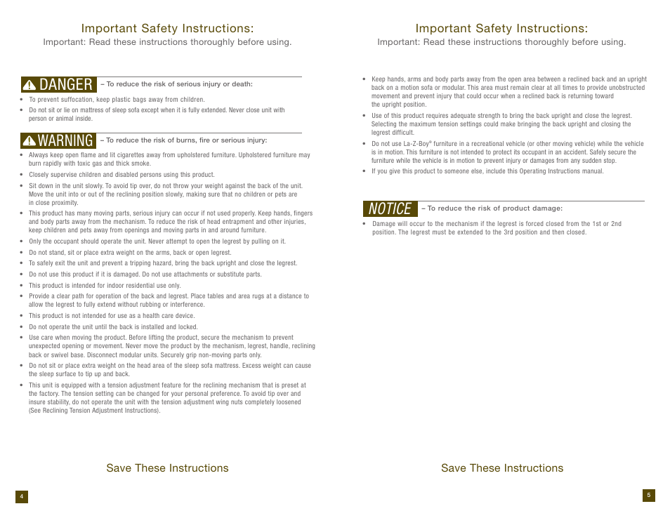 Danger warning, Notice, Important safety instructions | Save these instructions | La-Z-Boy Reclining Sofa prior to 12/31/2012 User Manual | Page 3 / 28