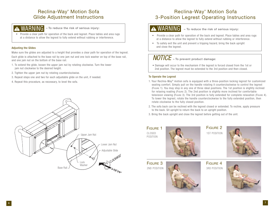 Notice, Warning, Reclina-way | Motion sofa glide adjustment instructions | La-Z-Boy Reclining Sofa prior to 12/31/2012 User Manual | Page 4 / 28