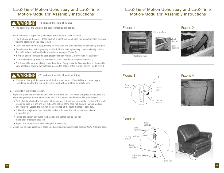 Warning, La-z-time, Motion upholstery and la-z-time motion-modulars | Assembly instructions la-z-time, Assembly instructions | La-Z-Boy Reclining Sofa prior to 12/31/2012 User Manual | Page 6 / 28