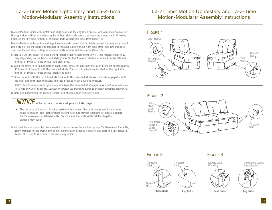 Notice, La-z-time, Motion upholstery and la-z-time motion-modulars | Assembly instructions | La-Z-Boy Reclining Sofa prior to 12/31/2012 User Manual | Page 7 / 28