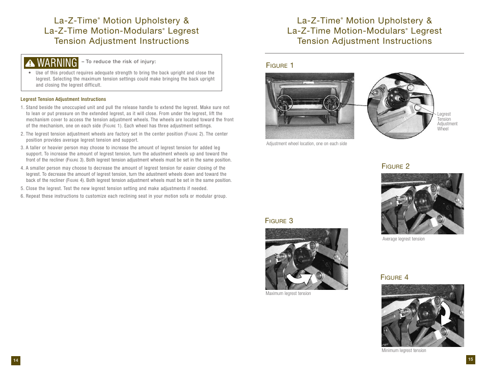 Warning, La-z-time, Motion upholstery & la-z-time motion-modulars | Legrest tension adjustment instructions | La-Z-Boy Reclining Sofa prior to 12/31/2012 User Manual | Page 8 / 28