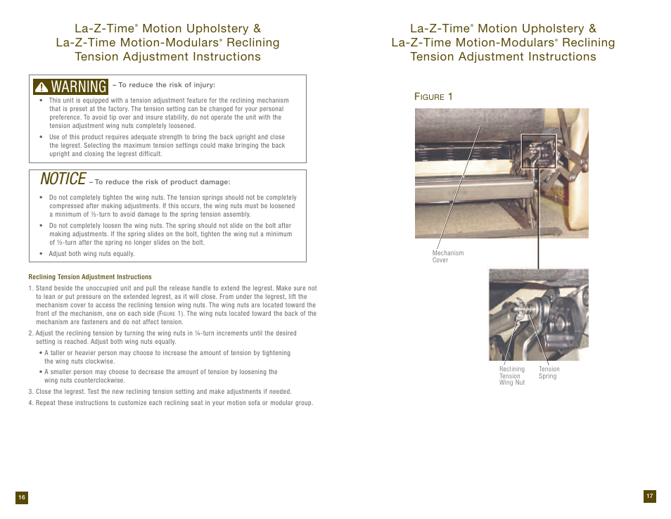 Notice, Warning, La-z-time | Motion upholstery & la-z-time motion-modulars, Reclining tension adjustment instructions | La-Z-Boy Reclining Sofa prior to 12/31/2012 User Manual | Page 9 / 28