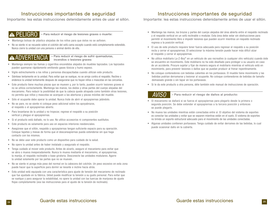 Peligro advertencia, Aviso, Instrucciones importantes de seguridad | Guarde estas instrucciones | La-Z-Boy Reclining Sofa after 12/31/2012 User Manual | Page 13 / 31