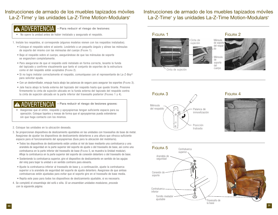 Advertencia, Y las unidades la-z-time motion-modulars | La-Z-Boy Reclining Sofa after 12/31/2012 User Manual | Page 16 / 31