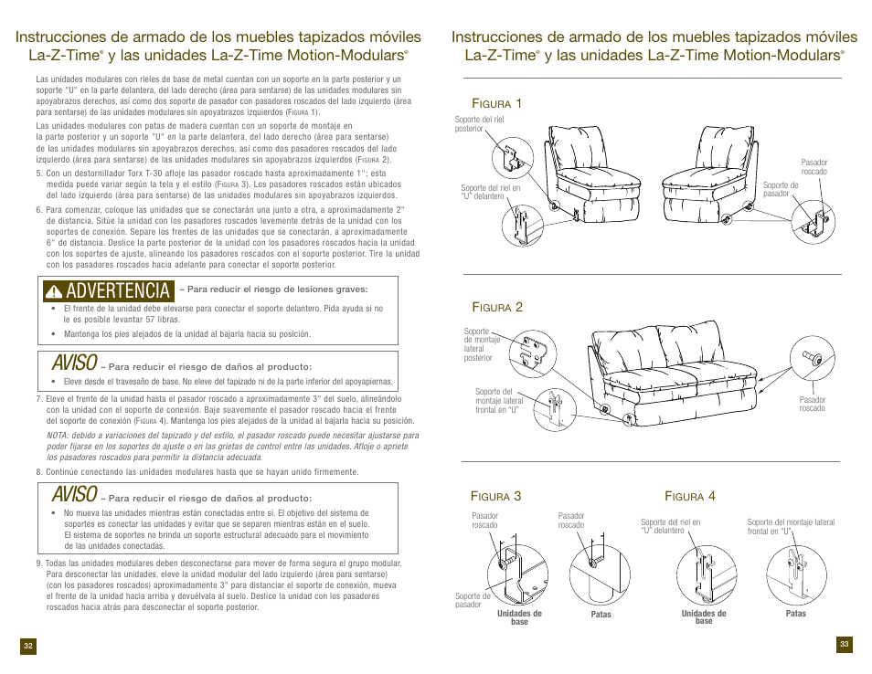 Aviso, Advertencia, Y las unidades la-z-time motion-modulars | La-Z-Boy Reclining Sofa after 12/31/2012 User Manual | Page 17 / 31