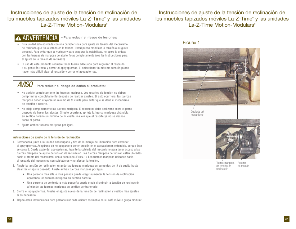 Aviso, Advertencia, Y las unidades la-z-time motion-modulars | La-Z-Boy Reclining Sofa after 12/31/2012 User Manual | Page 19 / 31