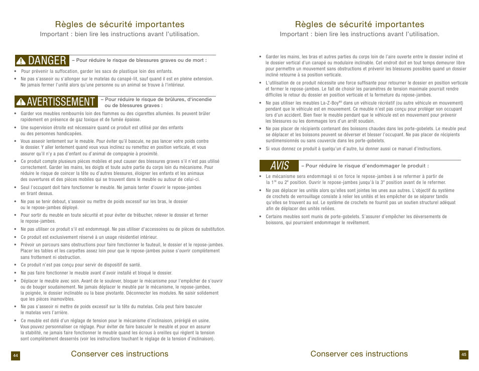 Danger, Avertissement, Avis | Règles de sécurité importantes, Conserver ces instructions | La-Z-Boy Reclining Sofa after 12/31/2012 User Manual | Page 23 / 31