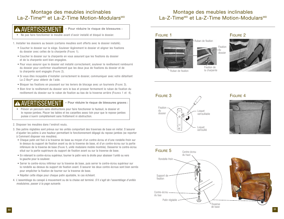 Avertissement, Montage des meubles inclinables la-z-time, Et la-z-time motion-modulars | La-Z-Boy Reclining Sofa after 12/31/2012 User Manual | Page 26 / 31