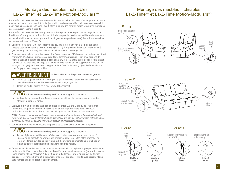 Aviso, Avertissement, Montage des meubles inclinables la-z-time | Et la-z-time motion-modulars | La-Z-Boy Reclining Sofa after 12/31/2012 User Manual | Page 27 / 31