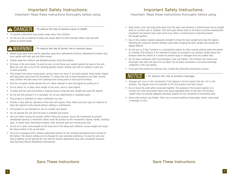 Danger warning, Notice, Important safety instructions | Save these instructions | La-Z-Boy Reclining Sofa after 12/31/2012 User Manual | Page 3 / 31