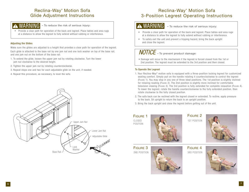 Notice, Warning, Reclina-way | Motion sofa glide adjustment instructions | La-Z-Boy Reclining Sofa after 12/31/2012 User Manual | Page 4 / 31