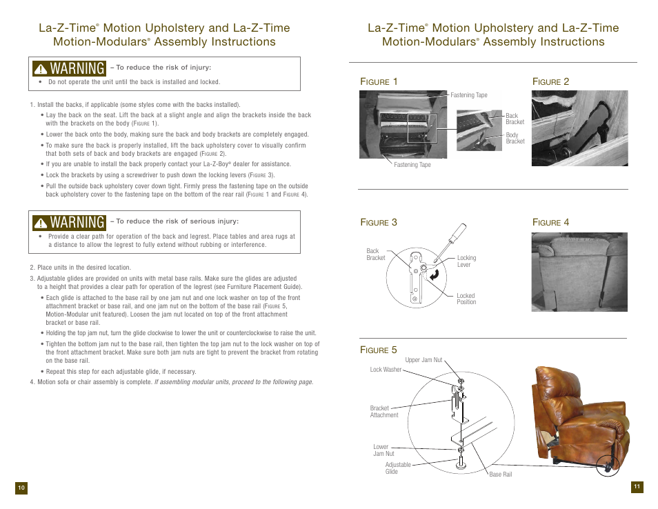 Warning, La-z-time, Motion upholstery and la-z-time motion-modulars | Assembly instructions la-z-time, Assembly instructions | La-Z-Boy Reclining Sofa after 12/31/2012 User Manual | Page 6 / 31