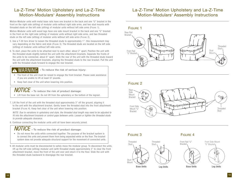 Notice, Warning, La-z-time | Motion upholstery and la-z-time motion-modulars, Assembly instructions | La-Z-Boy Reclining Sofa after 12/31/2012 User Manual | Page 7 / 31