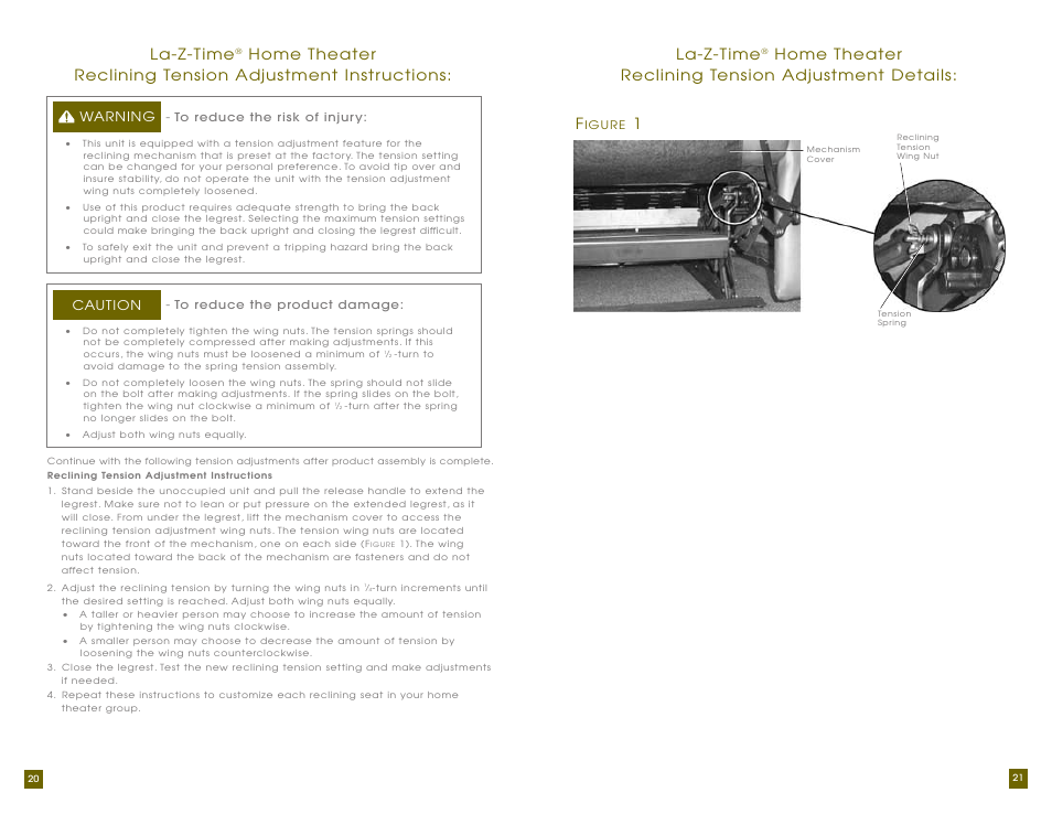 La-z-time, Home theater reclining tension adjustment details, Warning | Caution | La-Z-Boy Home Theater User Manual | Page 11 / 38