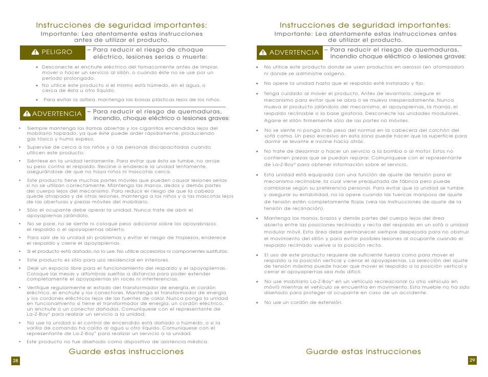 Instrucciones de seguridad importantes, Guarde estas instrucciones, Advertencia | Peligro | La-Z-Boy Home Theater User Manual | Page 15 / 38