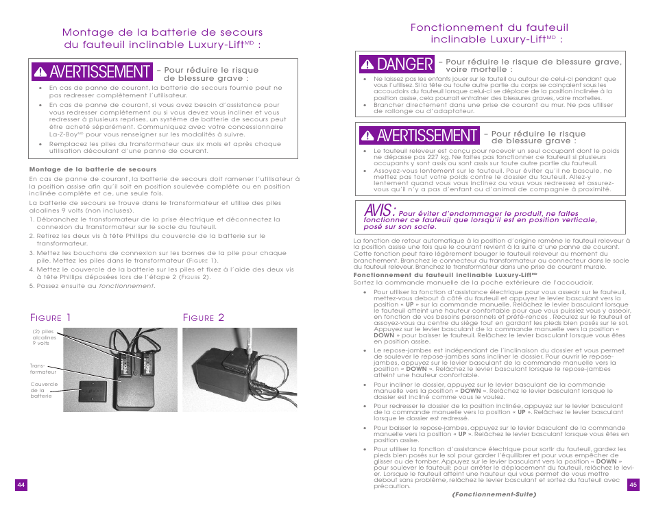 Avis, Avertissement, Avertissement danger | La-Z-Boy Luxury-Lift Power Recliner User Manual | Page 23 / 26