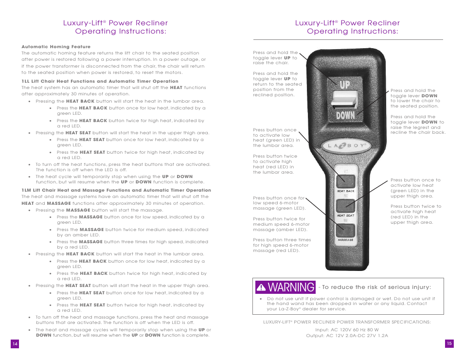 Warning, Luxur y-lift, Power recliner operating instr uctions | La-Z-Boy Luxury-Lift Power Recliner User Manual | Page 8 / 26