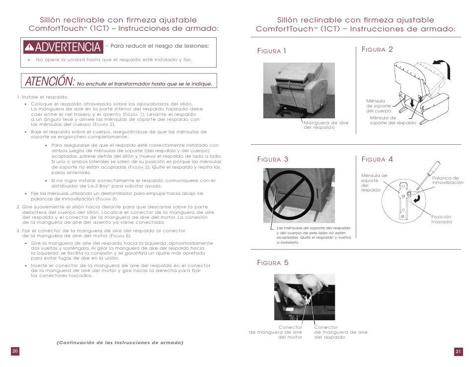 Advertencia, Atención, 1ct) – instr ucciones de ar mado | 1ct) – instrucciones de armado | La-Z-Boy ComfortTouch Adjustable Firmness Recliner User Manual | Page 11 / 22