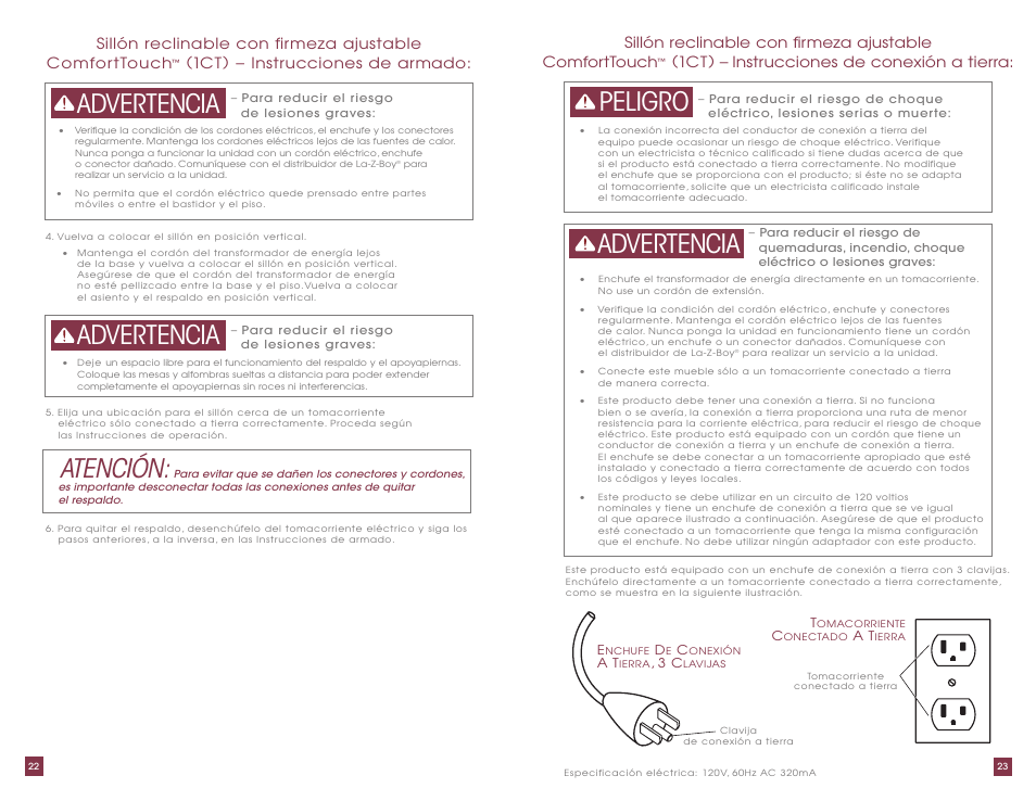 Advertencia, Peligro, Atención | 1ct) – instrucciones de armado, 1ct) – instrucciones de conexión a tierra | La-Z-Boy ComfortTouch Adjustable Firmness Recliner User Manual | Page 12 / 22