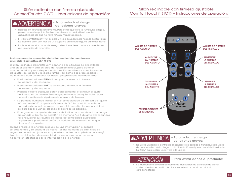 Advertencia, Advertencia atención, 1ct) – instrucciones de operación | La-Z-Boy ComfortTouch Adjustable Firmness Recliner User Manual | Page 13 / 22