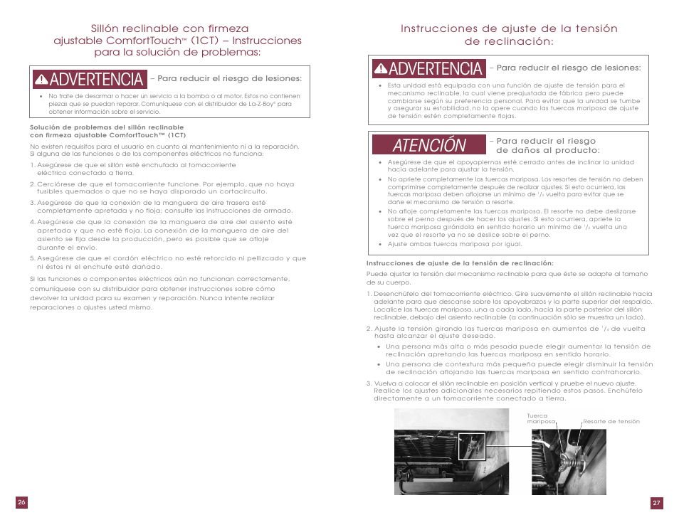 Advertencia, Advertencia atención, 1ct) – instrucciones para la solución de problemas | La-Z-Boy ComfortTouch Adjustable Firmness Recliner User Manual | Page 14 / 22