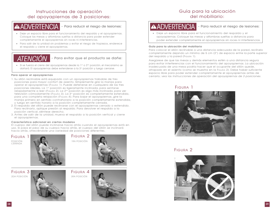Advertencia atención advertencia, Guía para la ubicación del mobiliar io: f | La-Z-Boy ComfortTouch Adjustable Firmness Recliner User Manual | Page 15 / 22
