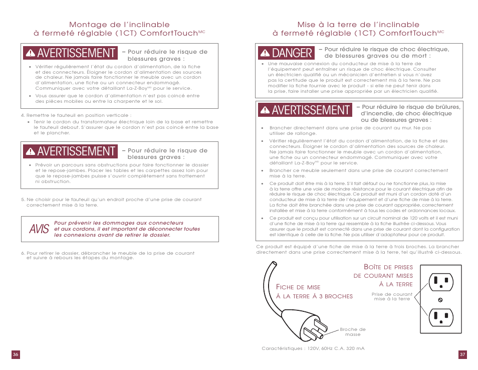 Avertissement, Danger, Avertissement avis | La-Z-Boy ComfortTouch Adjustable Firmness Recliner User Manual | Page 19 / 22